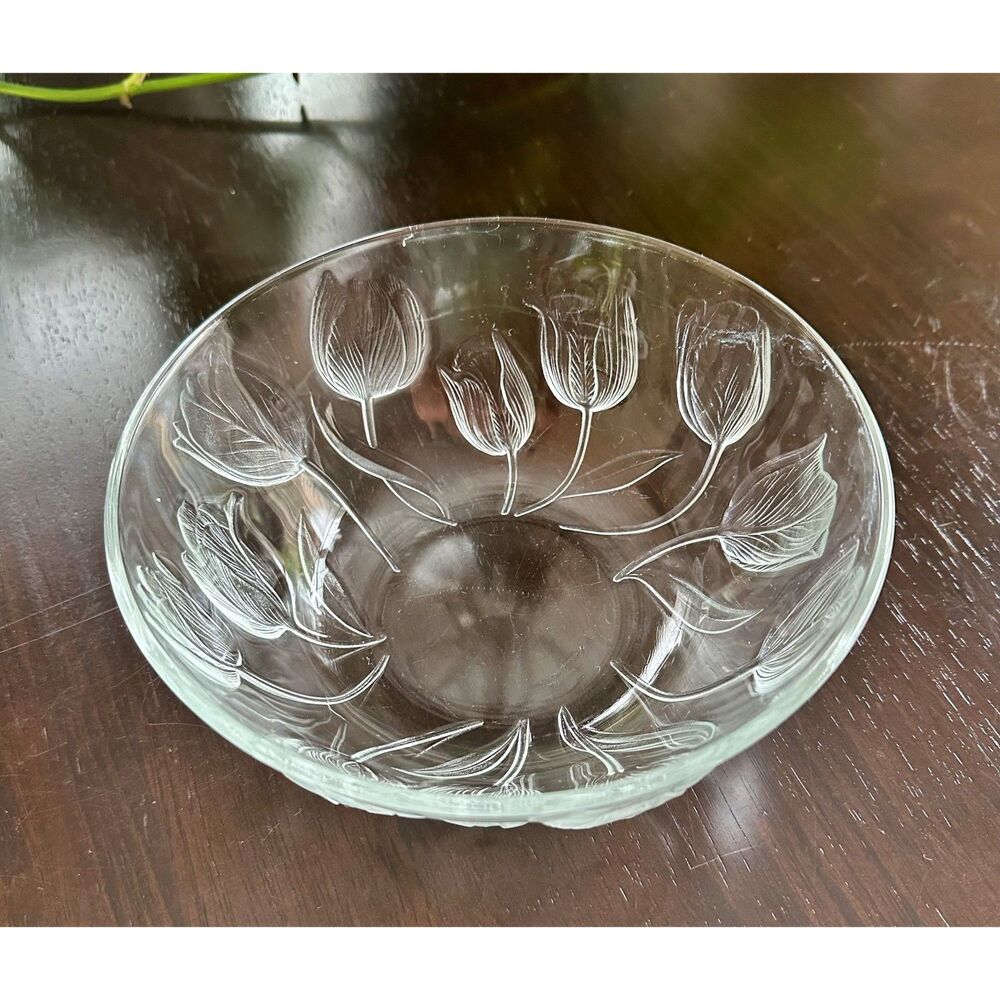 Vtg 80's Teleflora Clear Glass Serving Bowl Etched Frosted Tulip Floral Design